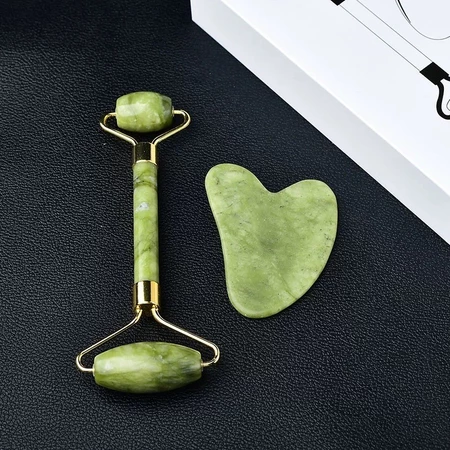 kit Rolo Pedra de Jade Placa Gua Sha Massagem Facial Anti Ruga